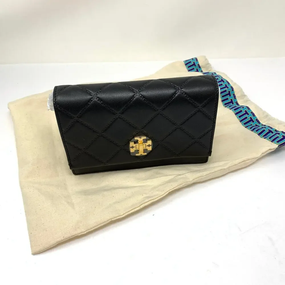 Tory Burch Quilted Georgia Turnlock Mini Leather Crossbody Handbag Black NEW